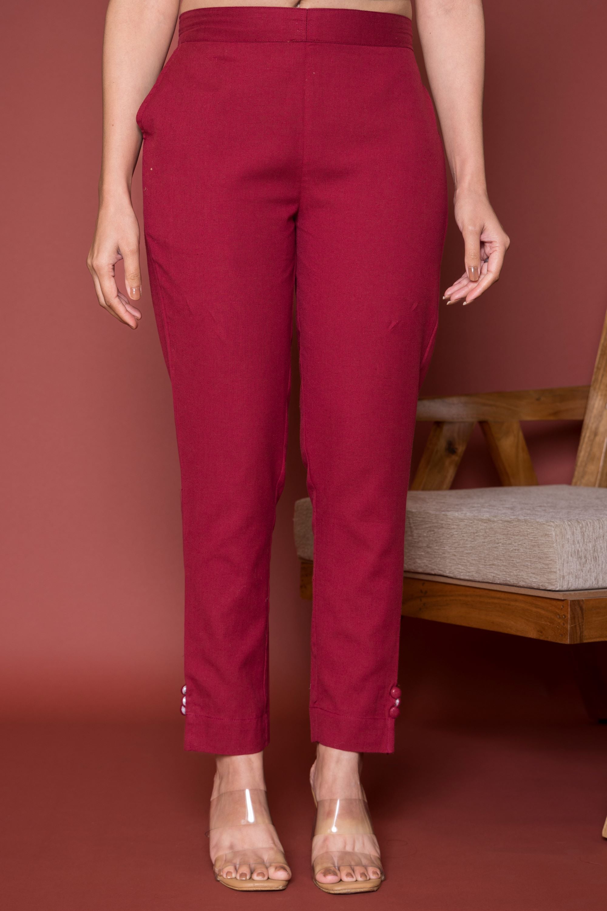 Maroon Cotton Flax Button Straight Pants For Women's