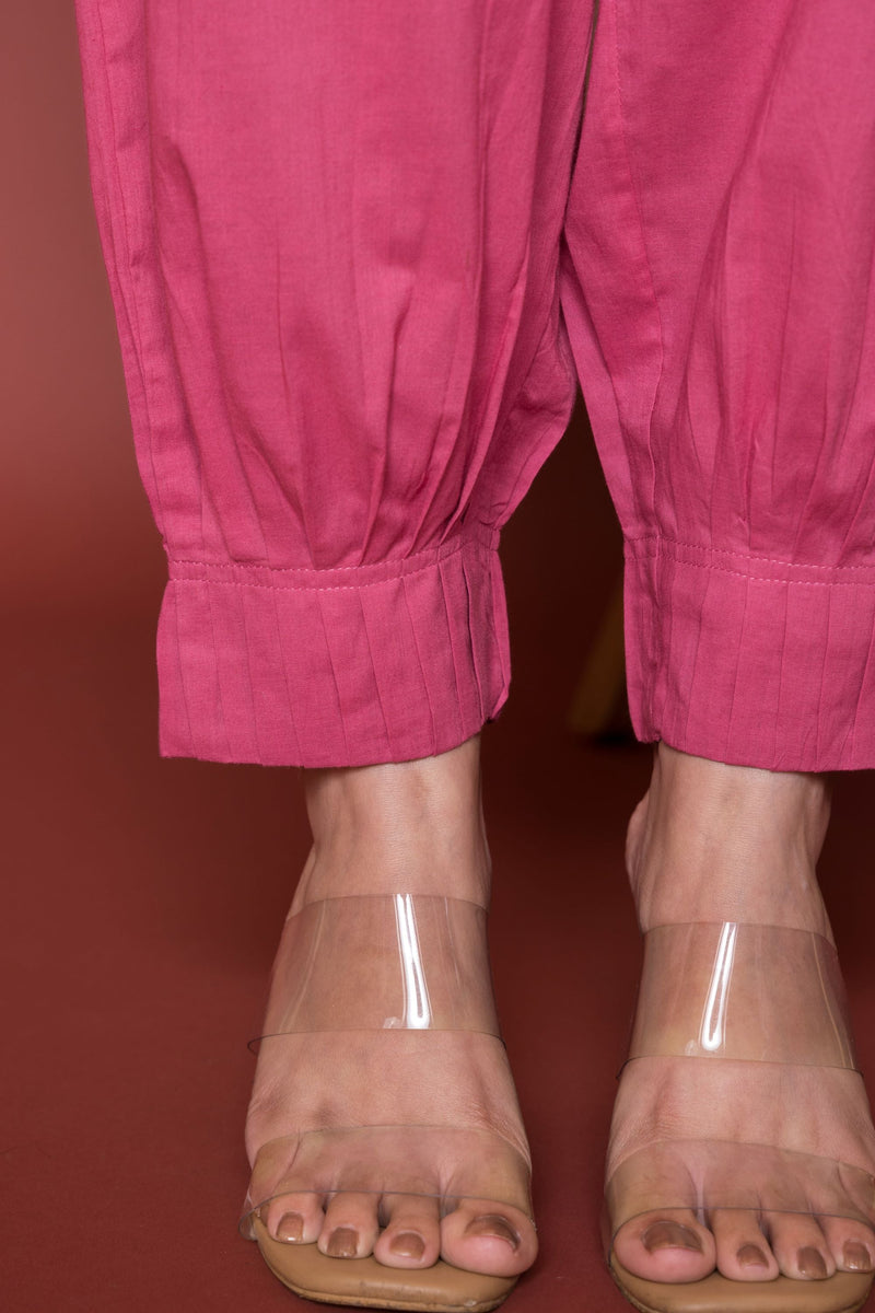 Pleated Cotton Salwar-Pure cotton-Rose Pink