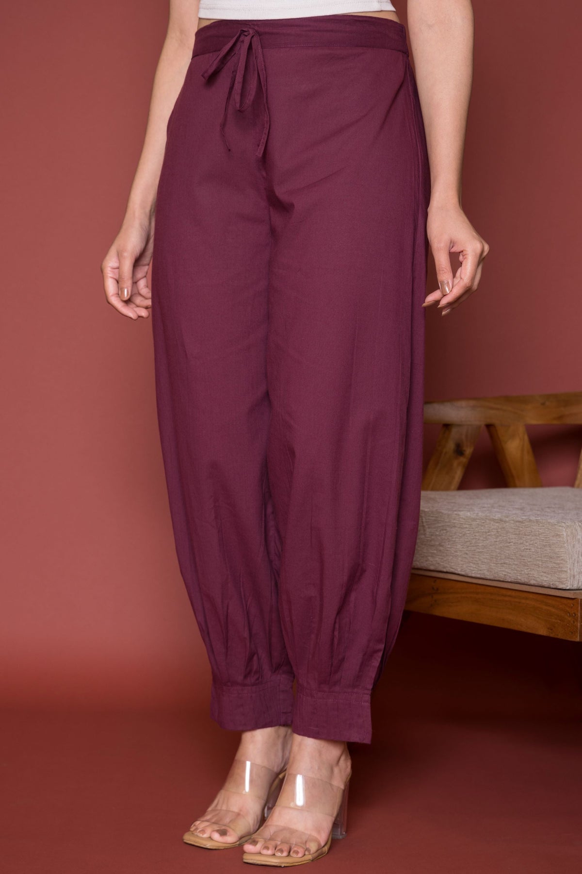 Pleated Cotton Salwar-Pure cotton Wine
