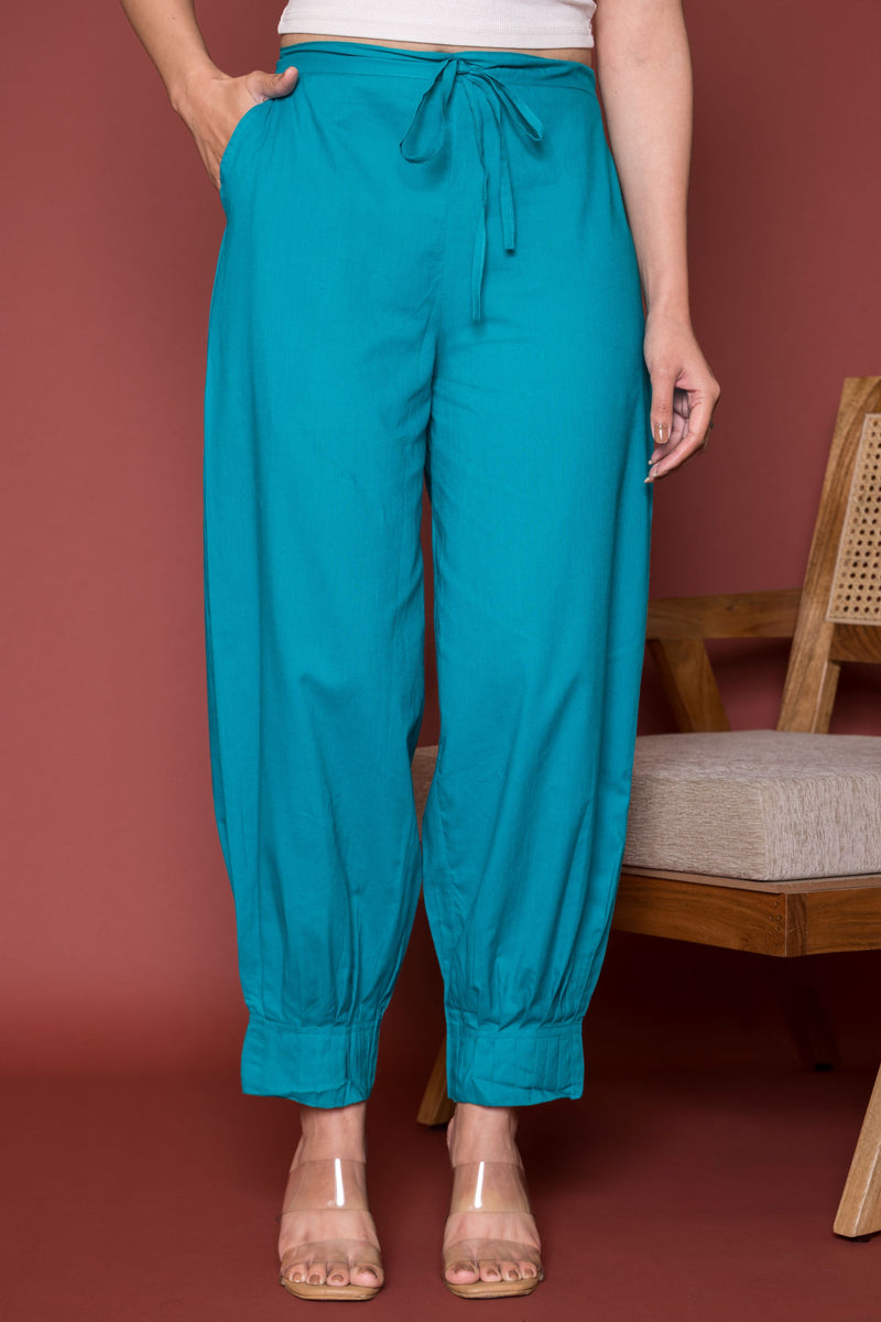 Turquoise Cotton Pleated Salwar