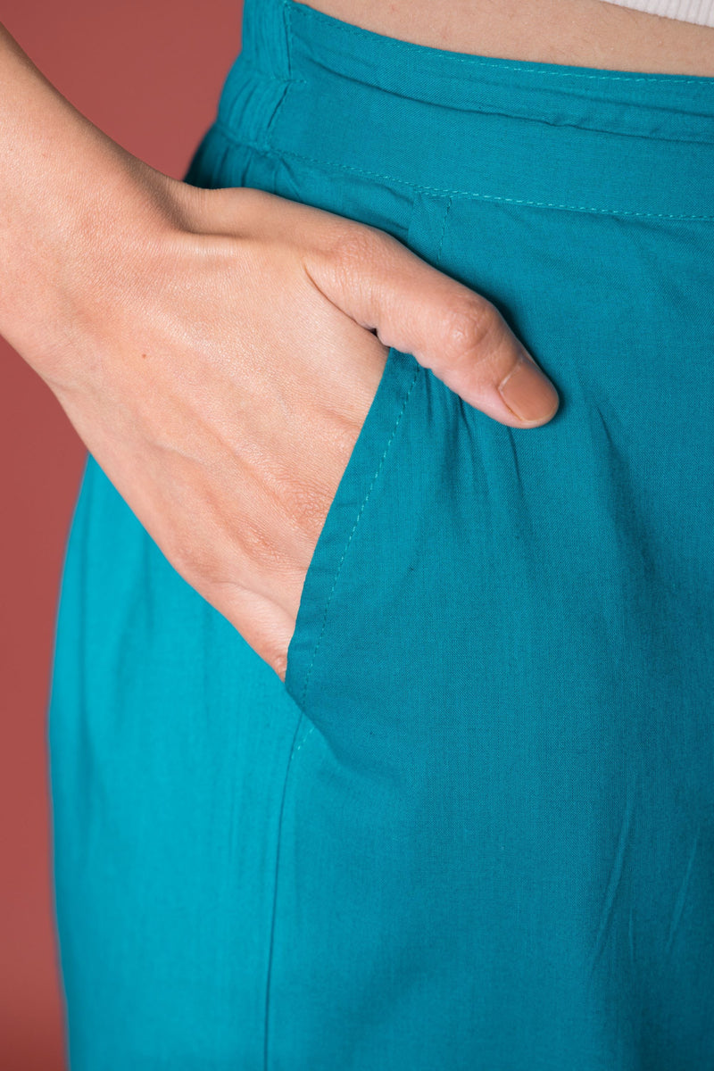 Turquoise Cotton Pleated Salwar