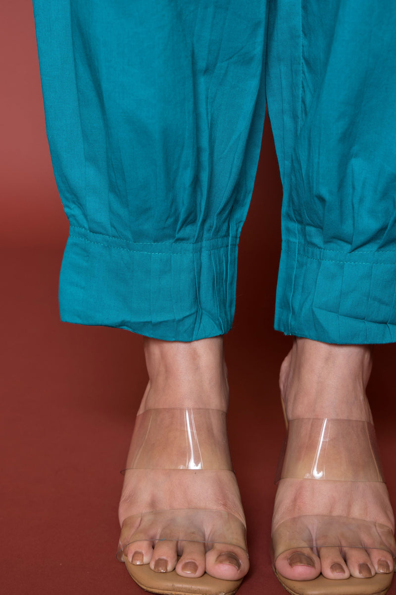 Turquoise Cotton Pleated Salwar