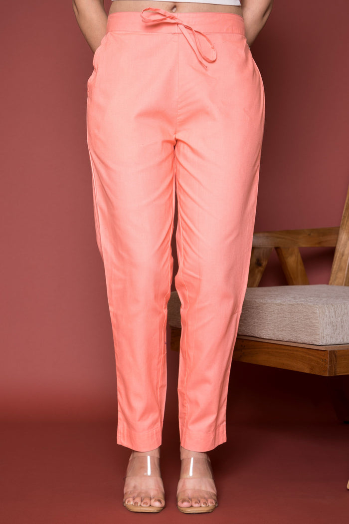 Peach Cotton Pants For Women's