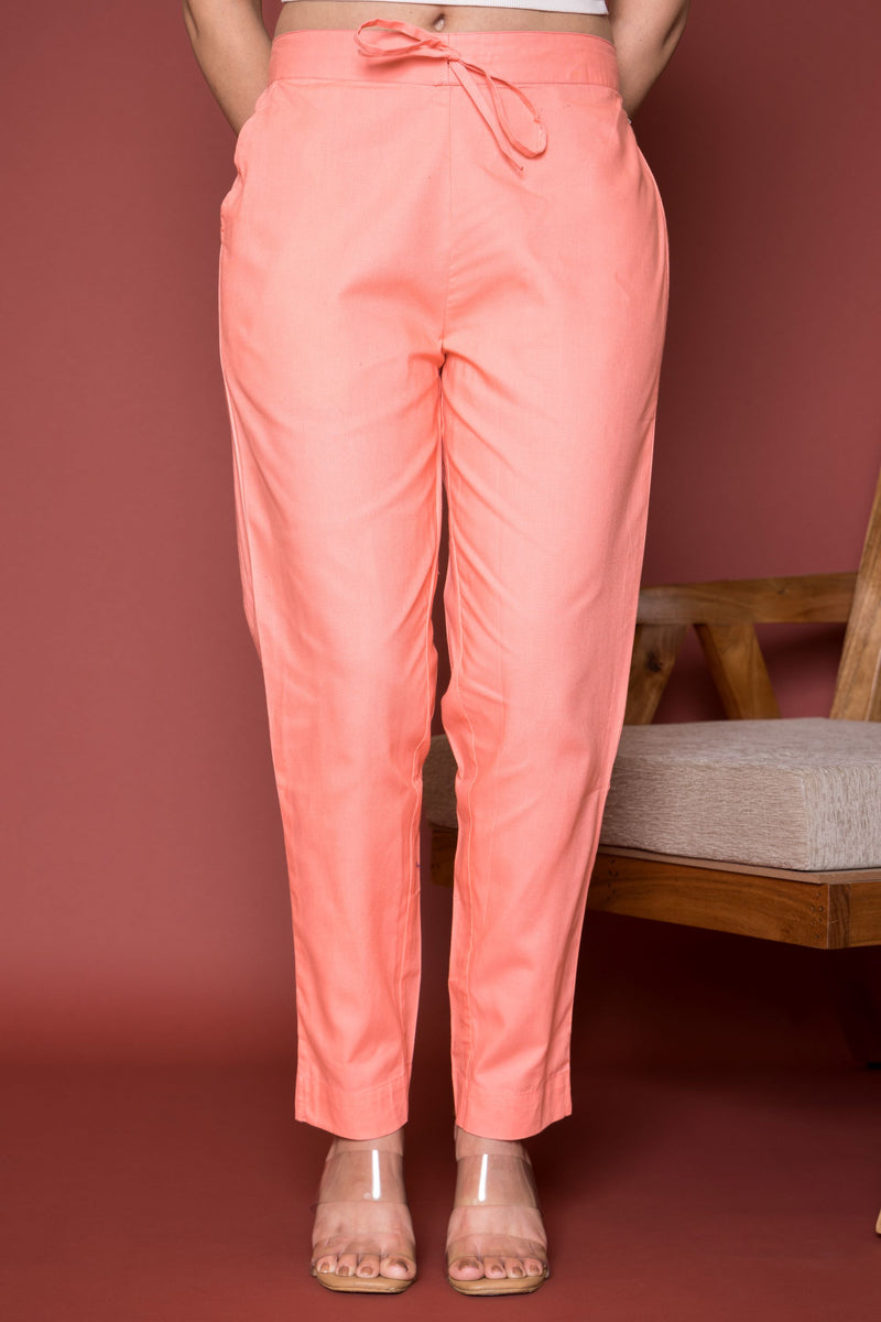 Peach Cotton Pants For Women's