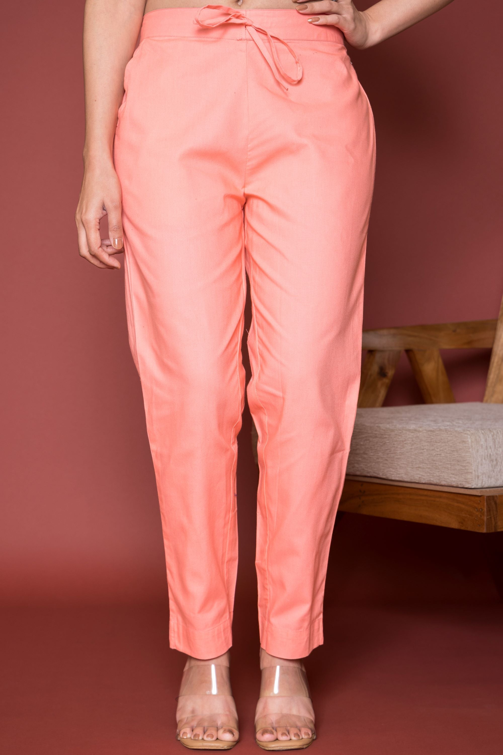 Peach Cotton Pants For Women's
