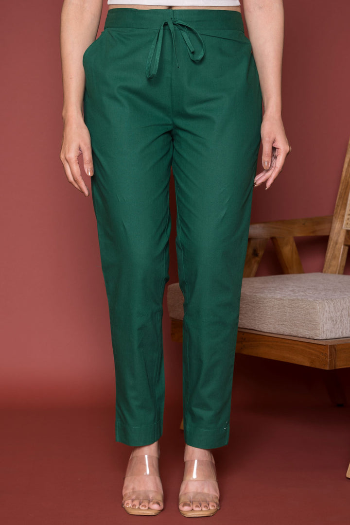 Bottle Green Cotton Pant For Women's