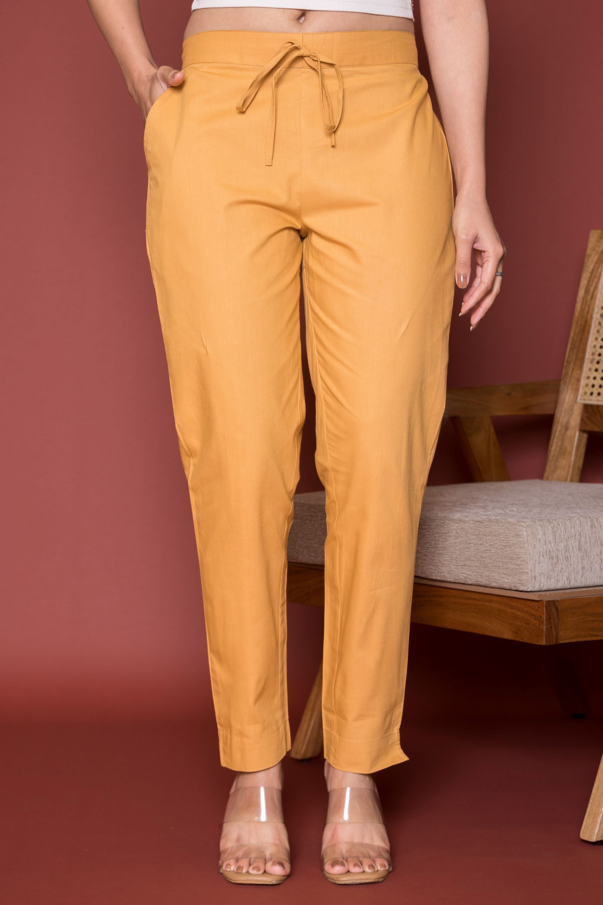 Light Beige Cotton Pants For Women's