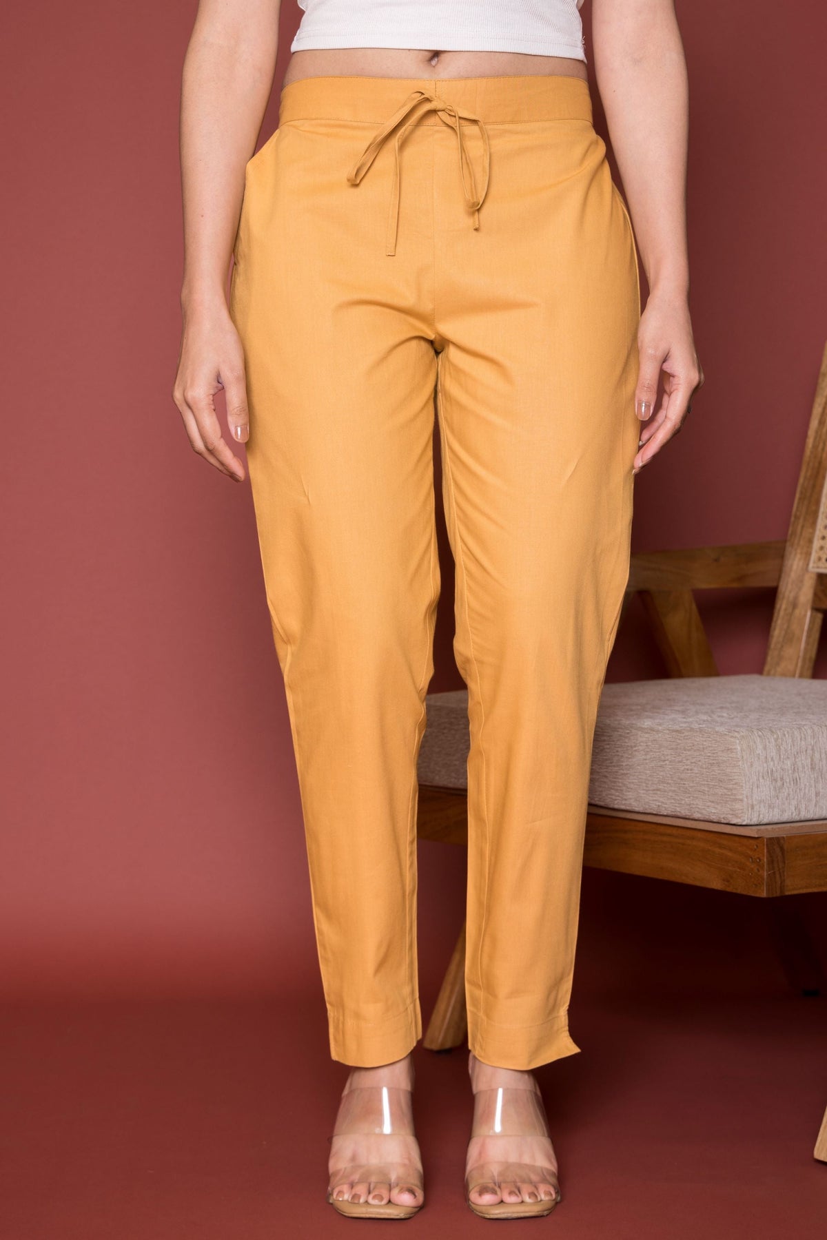 Light Beige Cotton Pants For Women's