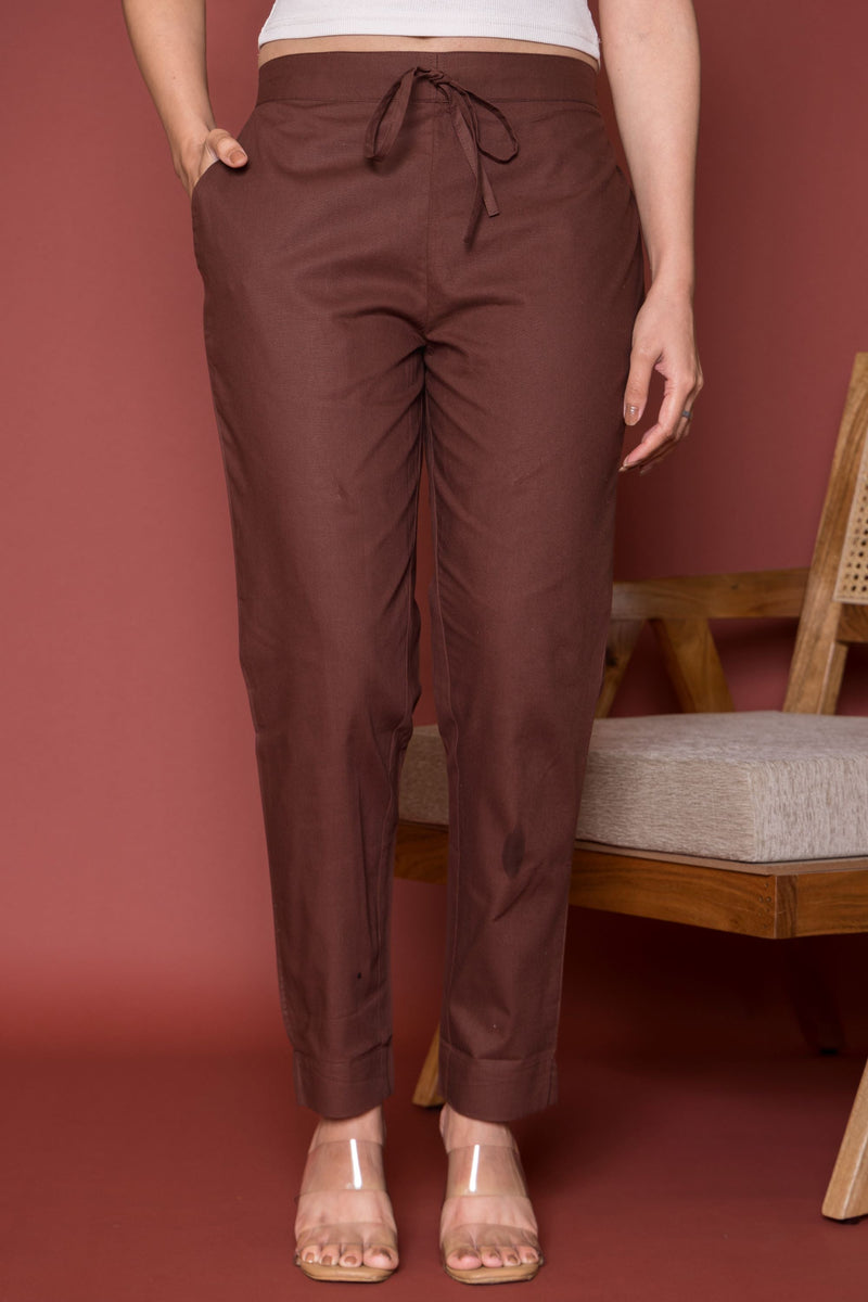 Dark Brown Cotton Pant For Women's