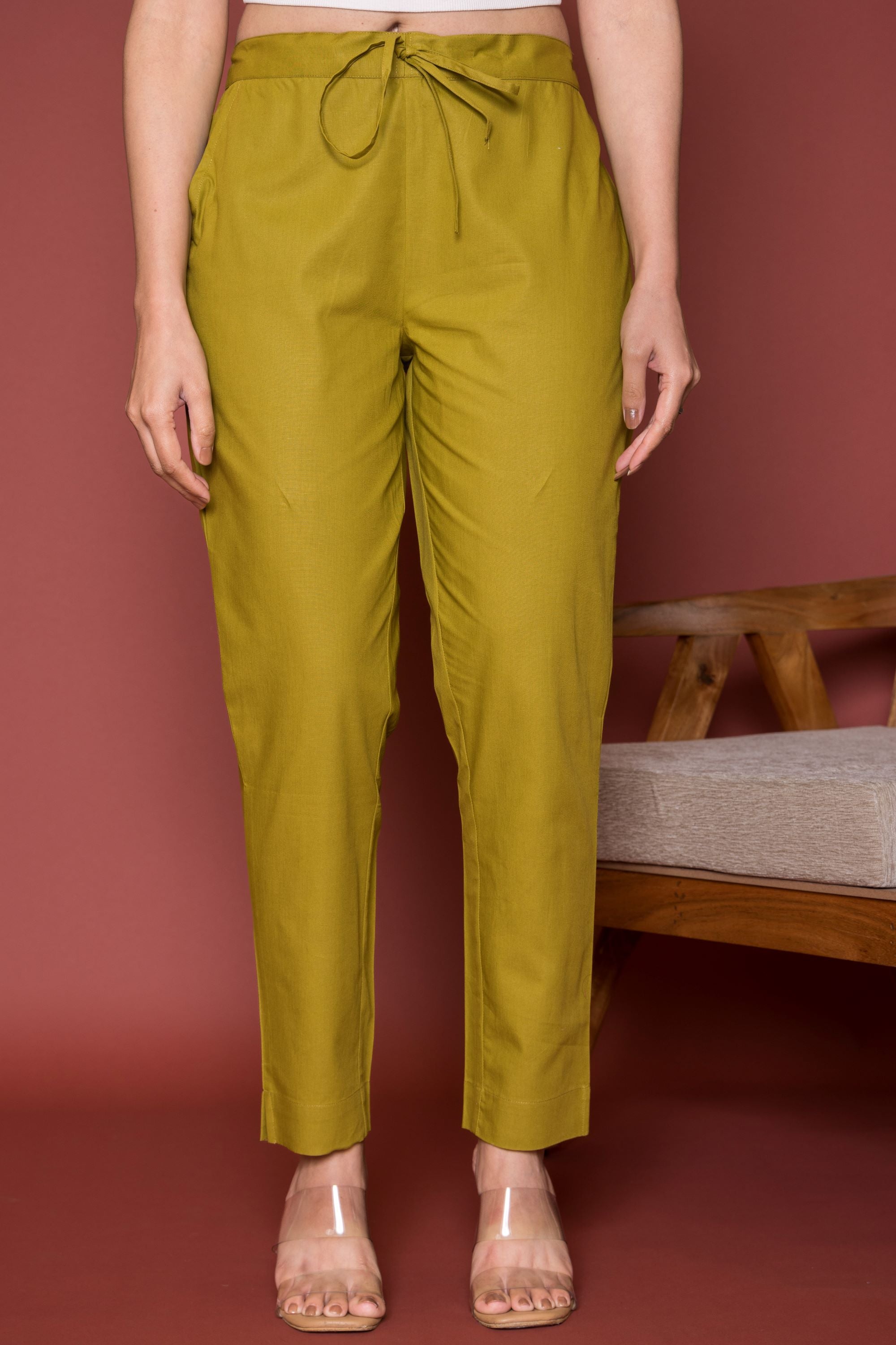 Mehendi Green Cotton Pants For Women's