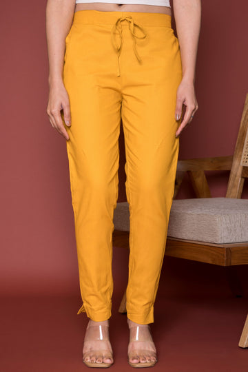 Light Mustard Cotton Pants For Women's