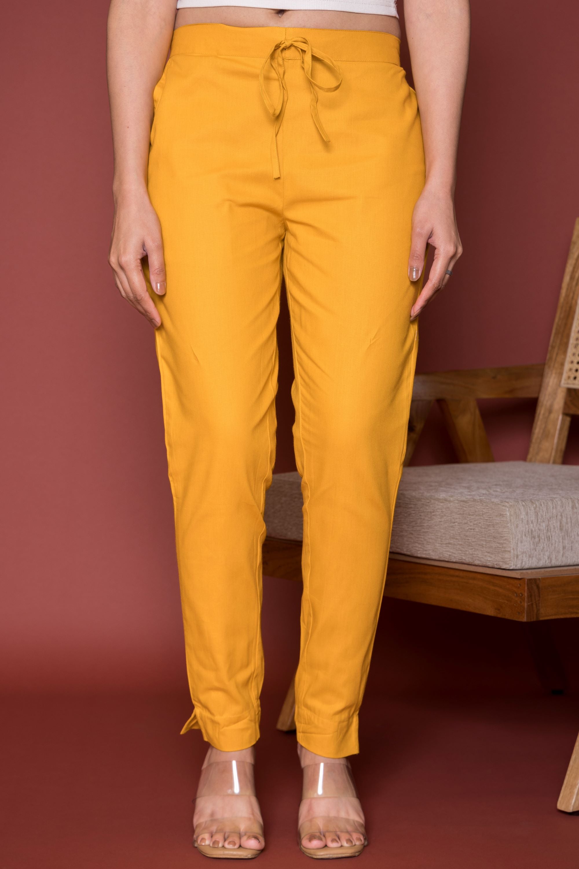 Light Mustard Cotton Pants For Women's