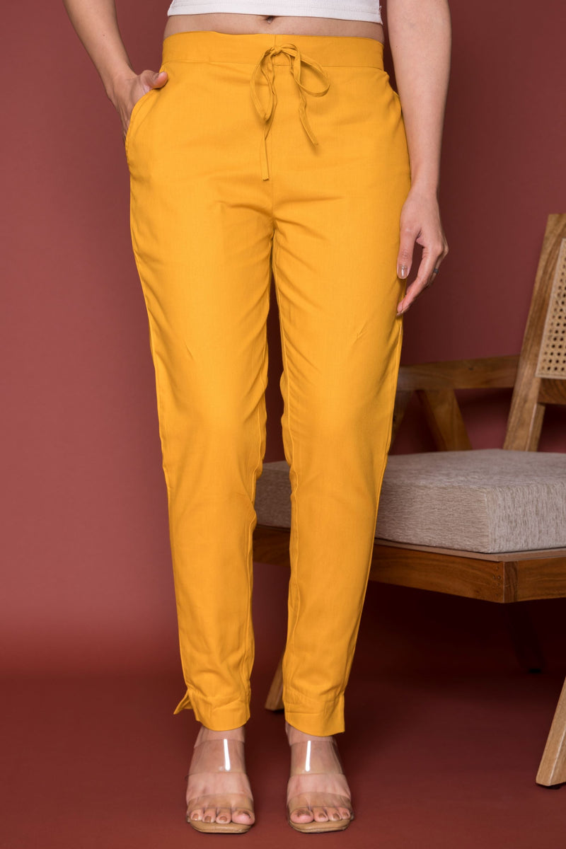 Light Mustard Cotton Pants For Women's