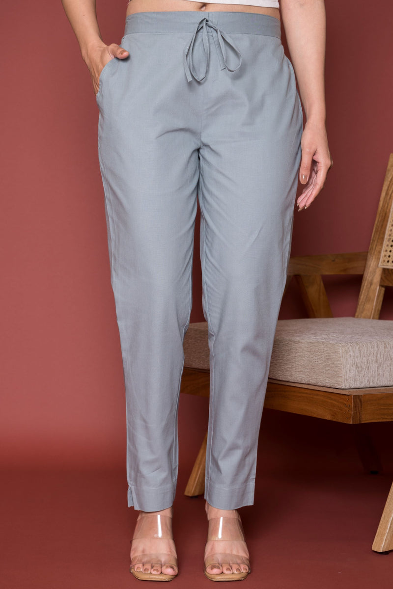 Light Gray Cotton Pants For Women's