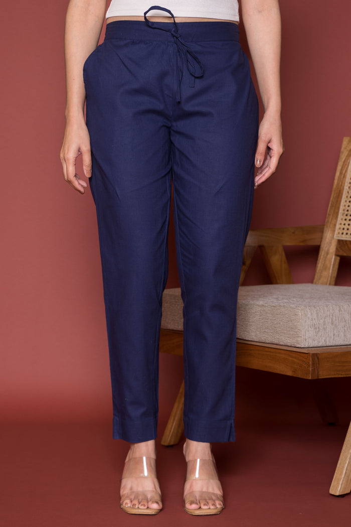 Ink Blue Cotton Pant For Women's
