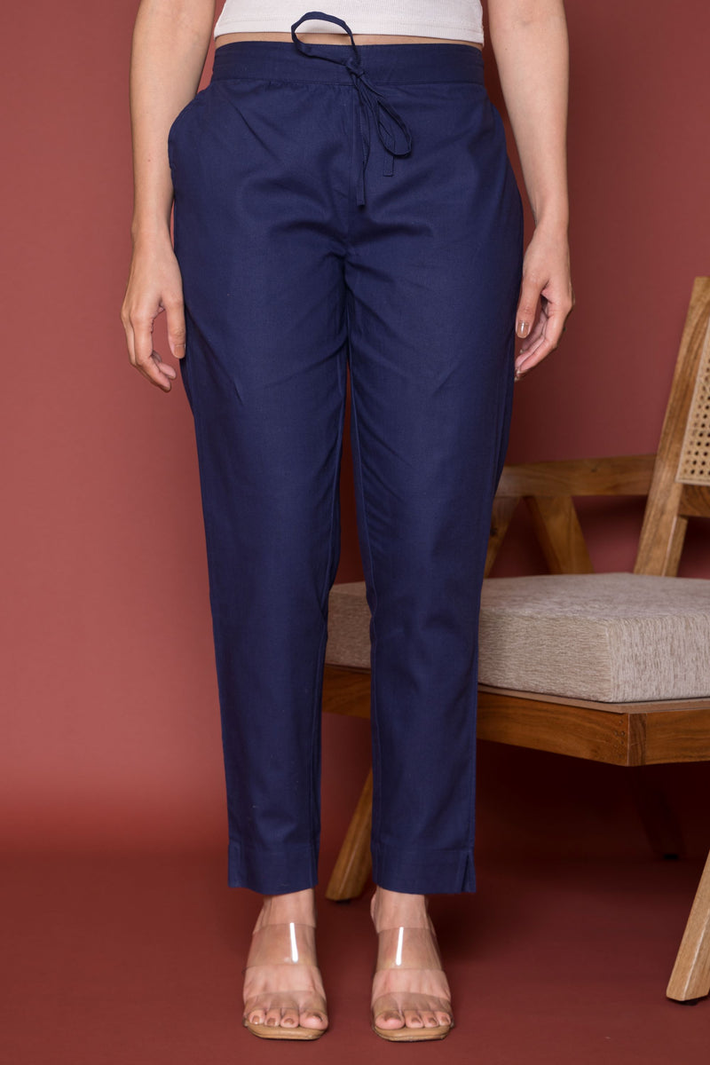 Ink Blue Cotton Pant For Women's