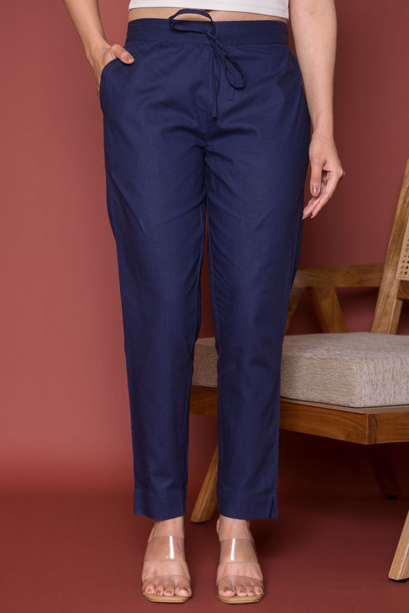 Ink Blue Cotton Pant For Women's