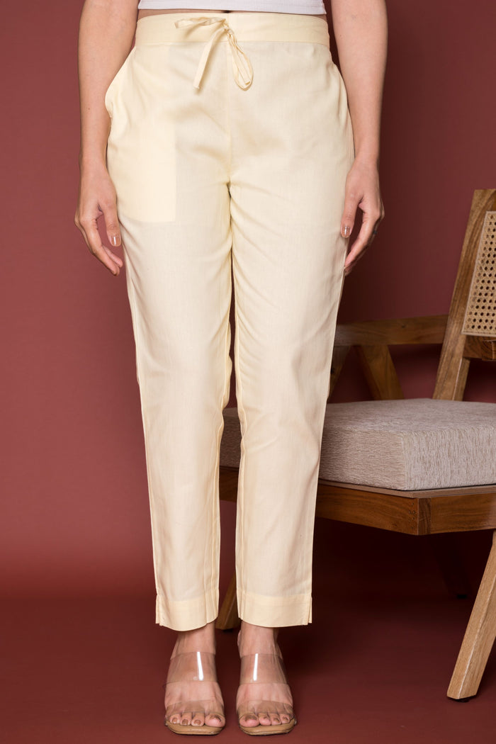 Cream Cotton Pant For Women's
