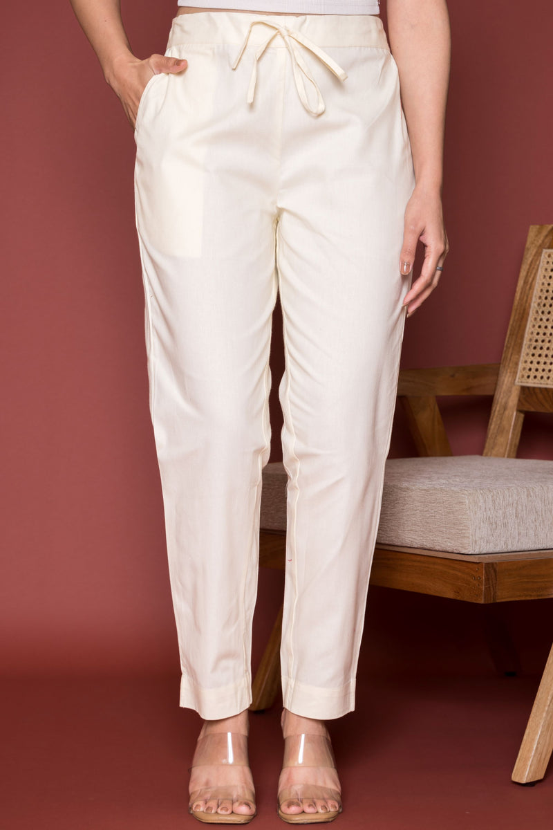 Off White Cotton Pants For Women's