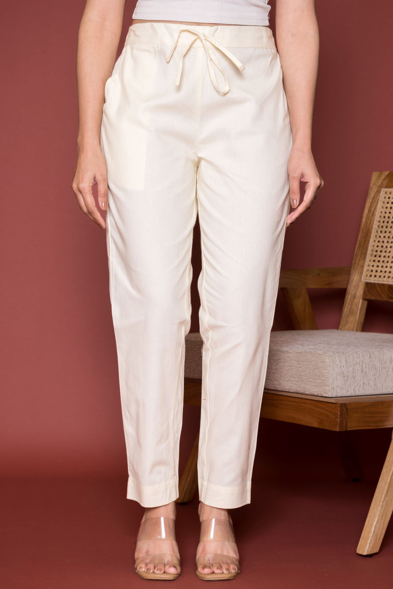 Off White Cotton Pants For Women's