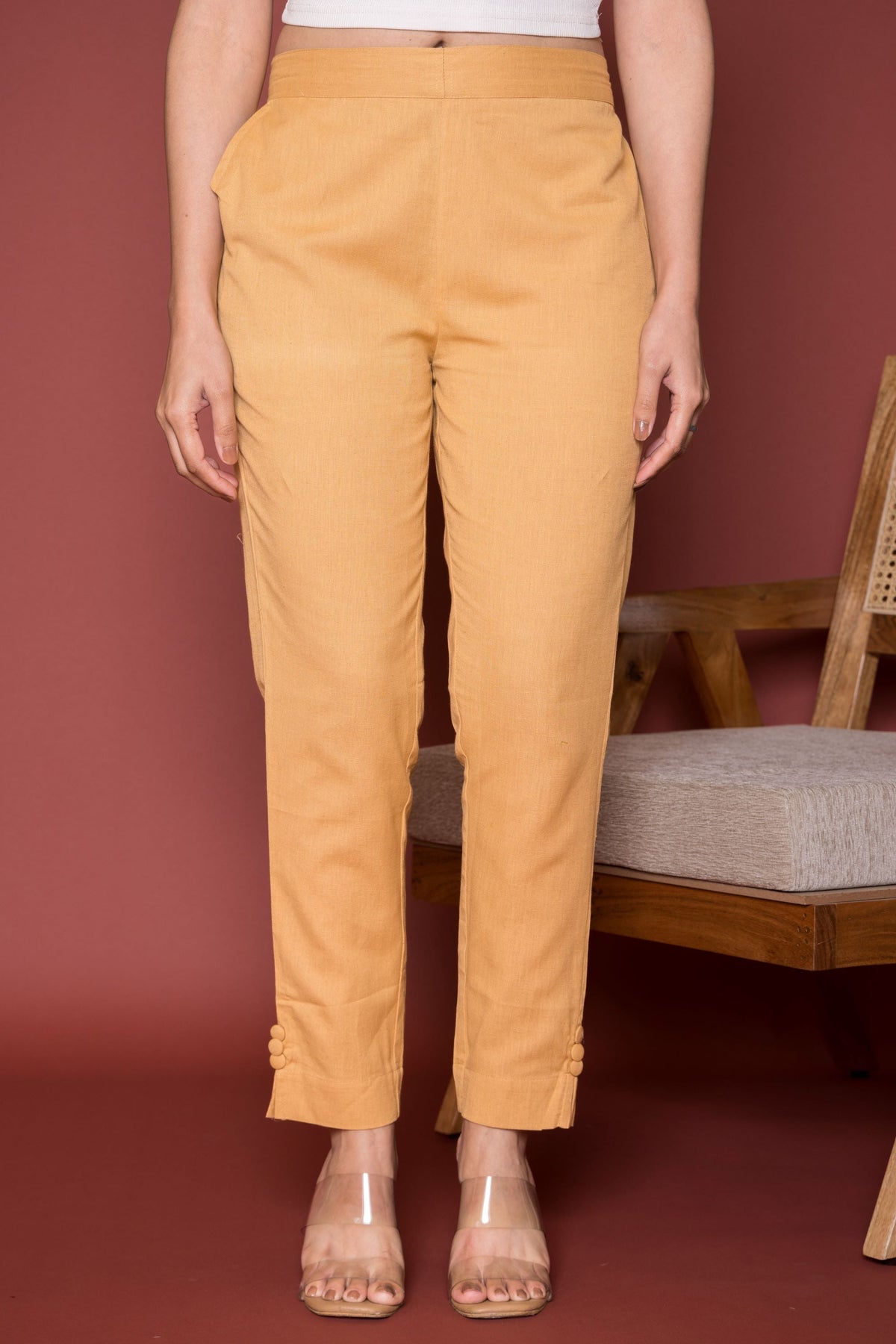 Beige Cotton Flax Button Straight Pant For Women's