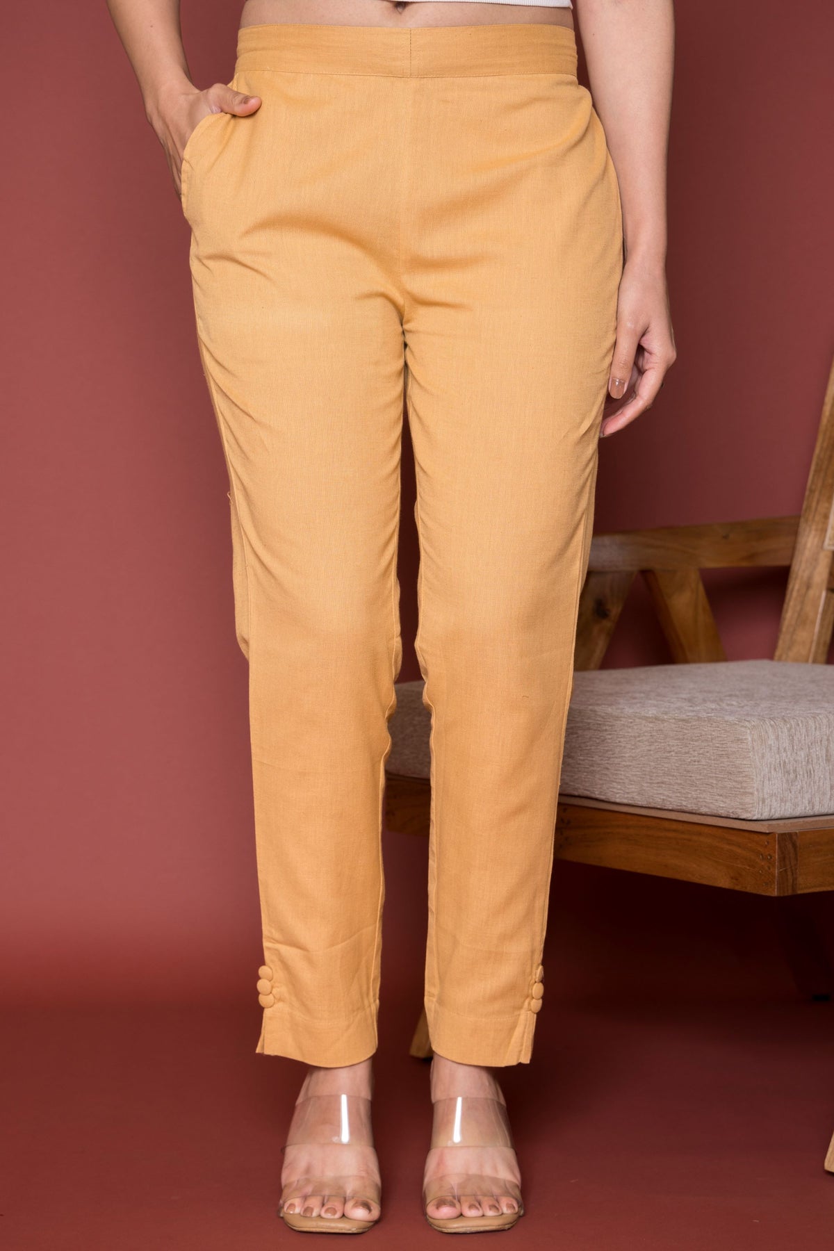 Beige Cotton Flax Button Straight Pant For Women's