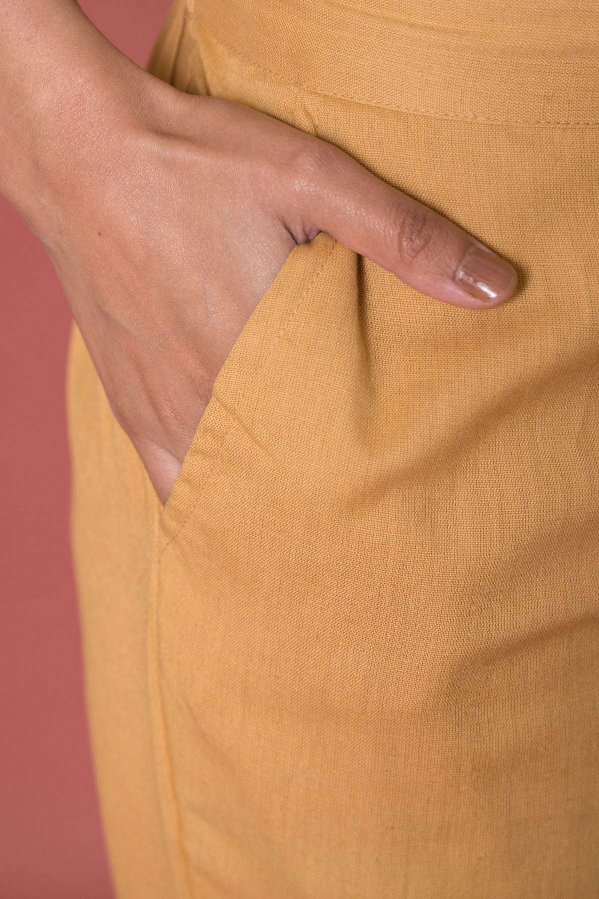 Beige Cotton Flax Button Straight Pant For Women's