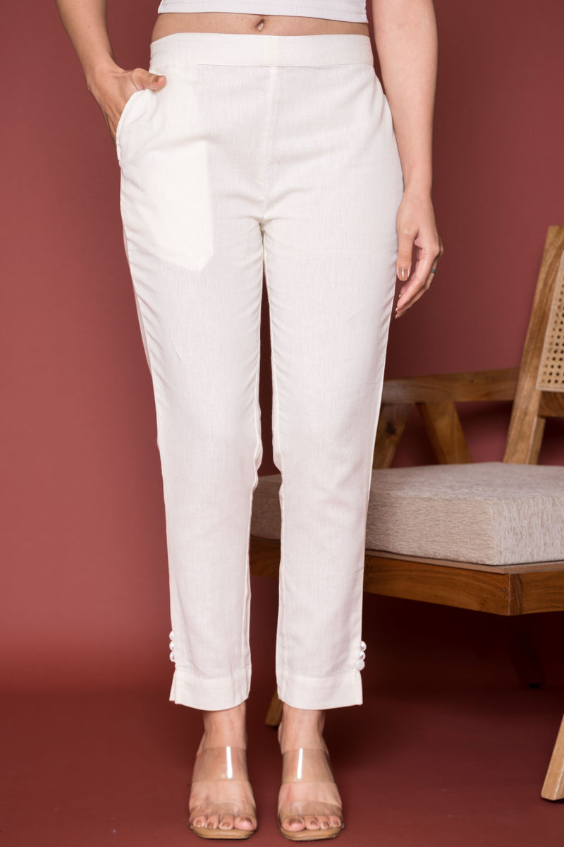 Off White Cotton Flex Button Straight Pant For Women's