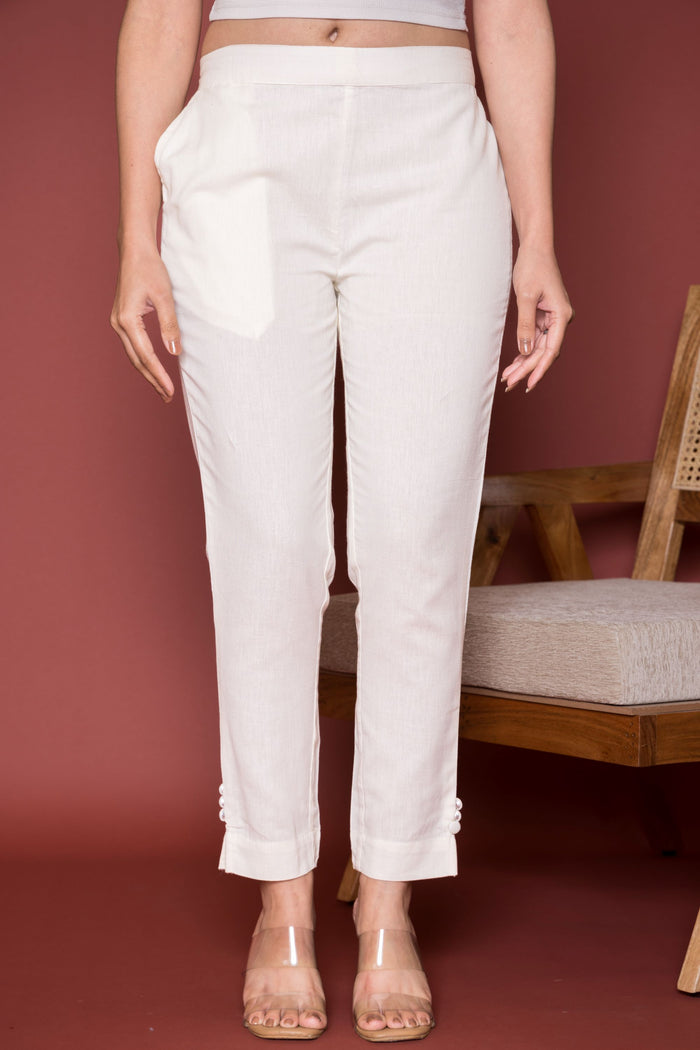 Off White Cotton Flex Button Straight Pant For Women's