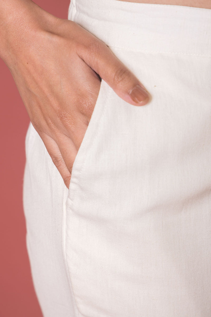 Off White Cotton Flex Button Straight Pant For Women's