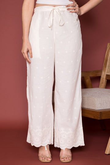 Off White Cotton Embroidery And Shiffly Work Bottom Pallazo