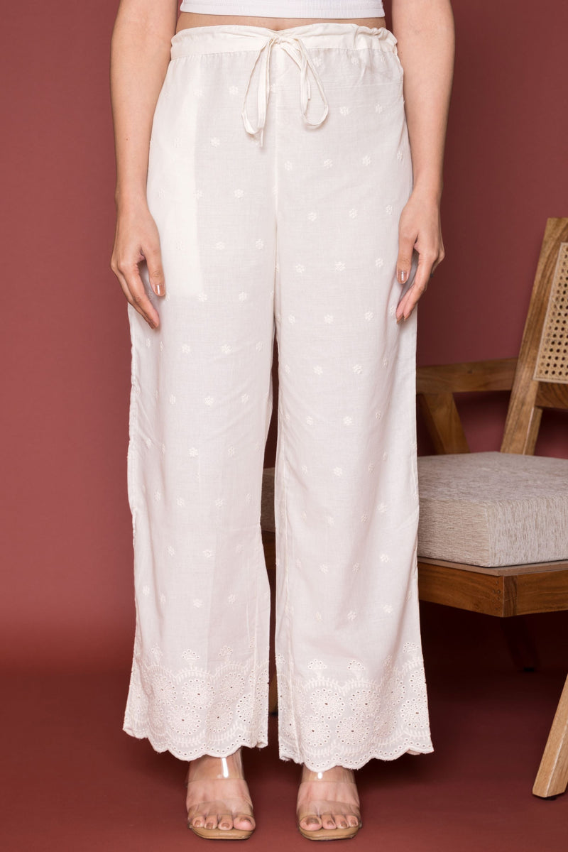 Off White Cotton Embroidery And Shiffly Work Bottom Pallazo
