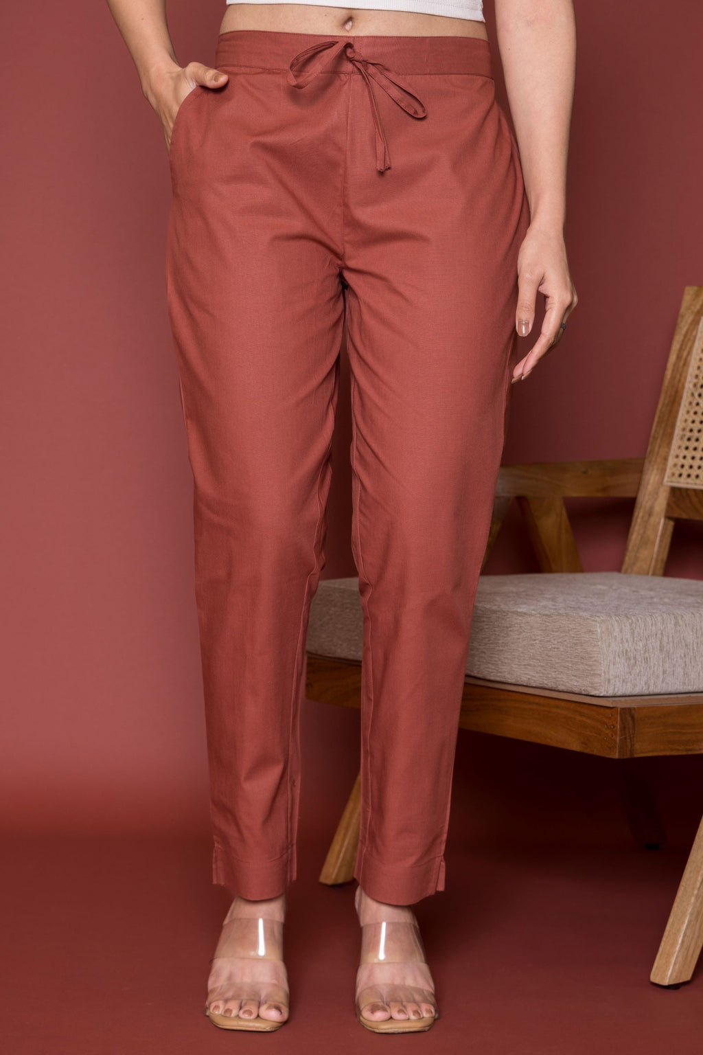 Rust Cotton Pants For Women's