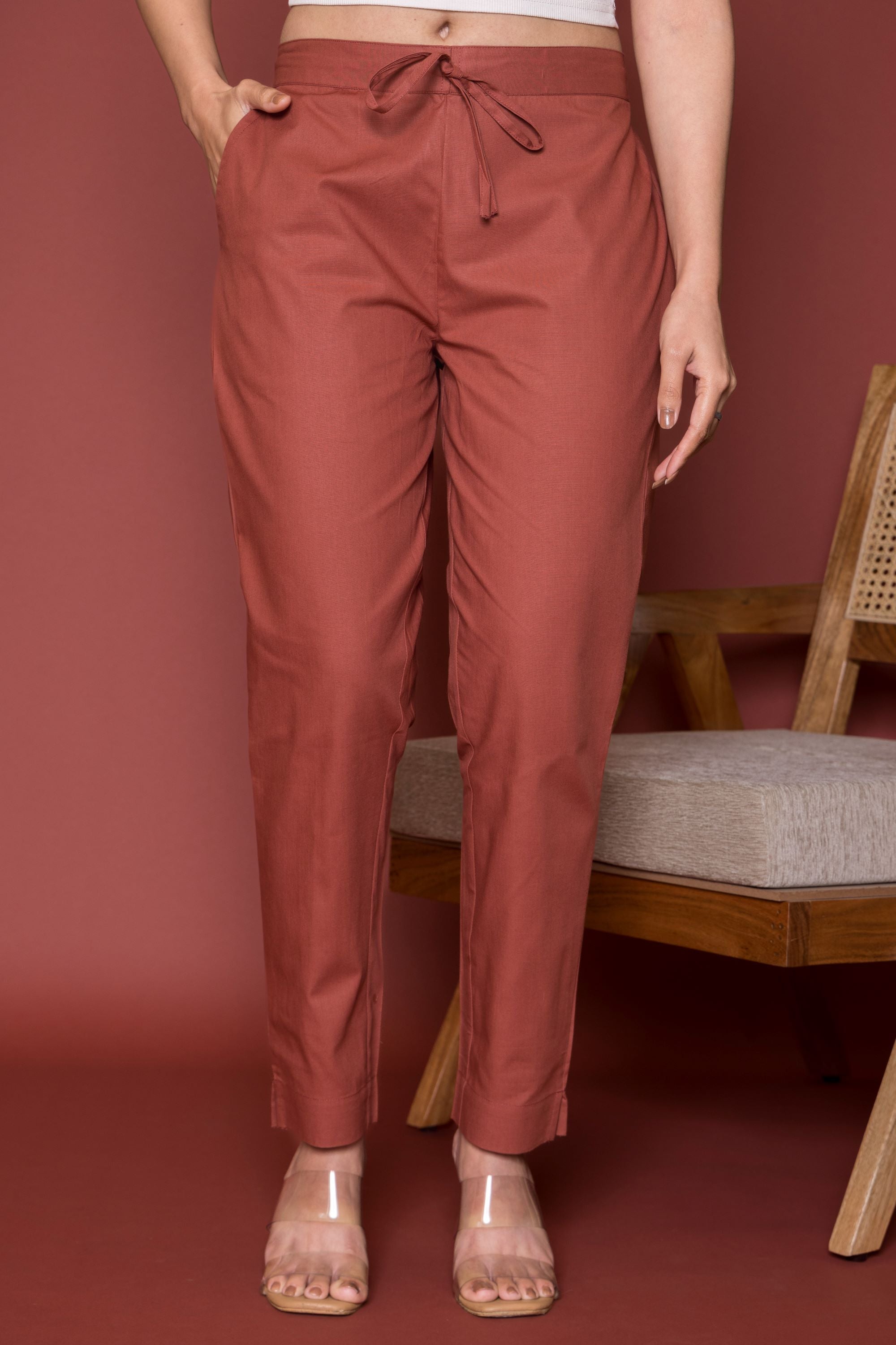 Rust Cotton Pants For Women's