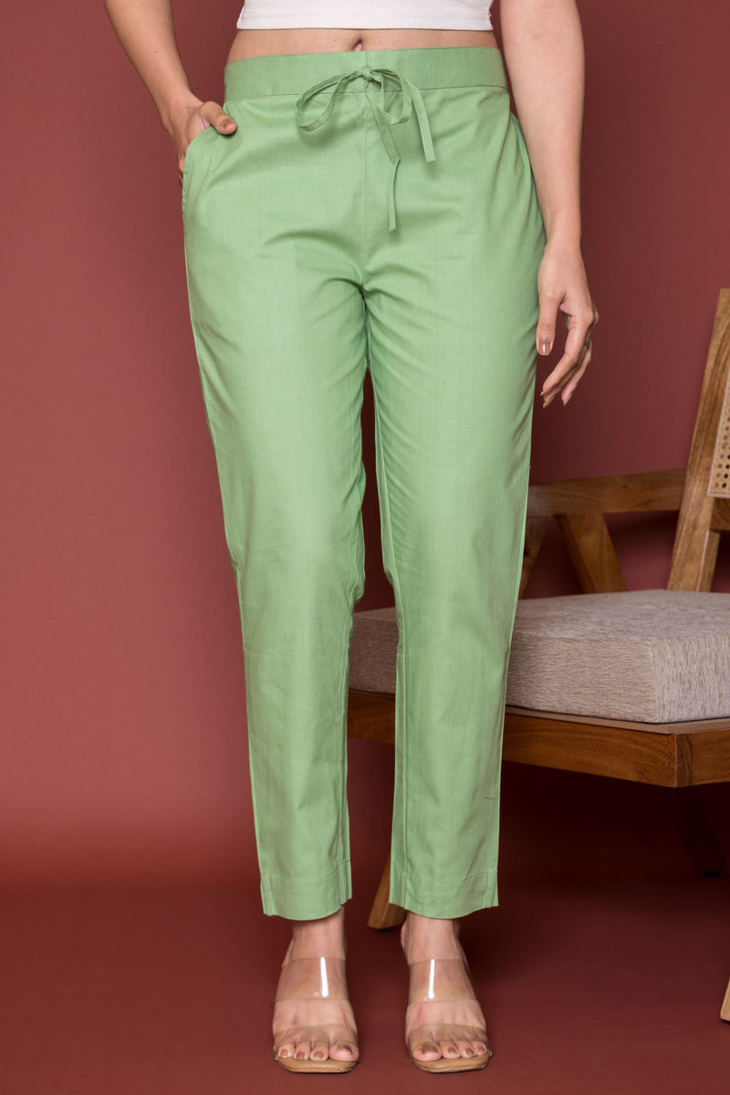 Pista Green Cotton Pants For Women's
