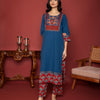 BLUE COTTON ROUND NECK BOOTI PRINT YOKE HIGHLIGHTED WITH BORDERS WITH MIRROR AND KATHA WORK KURTA PANT SET