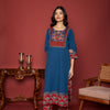 BLUE COTTON ROUND NECK BOOTI PRINT YOKE HIGHLIGHTED WITH BORDERS WITH MIRROR AND KATHA WORK KURTA PANT SET