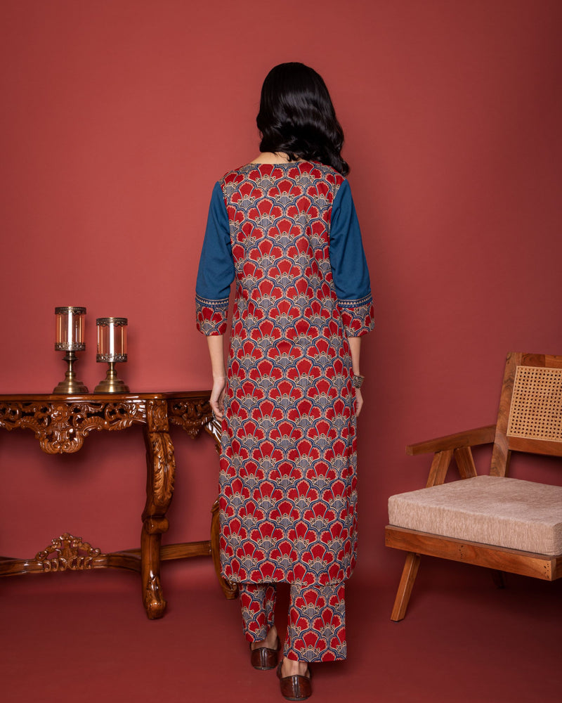 BLUE COTTON ROUND NECK BOOTI PRINT YOKE HIGHLIGHTED WITH BORDERS WITH MIRROR AND KATHA WORK KURTA PANT SET