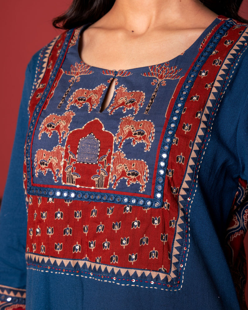 BLUE COTTON ROUND NECK BOOTI PRINT YOKE HIGHLIGHTED WITH BORDERS WITH MIRROR AND KATHA WORK KURTA PANT SET