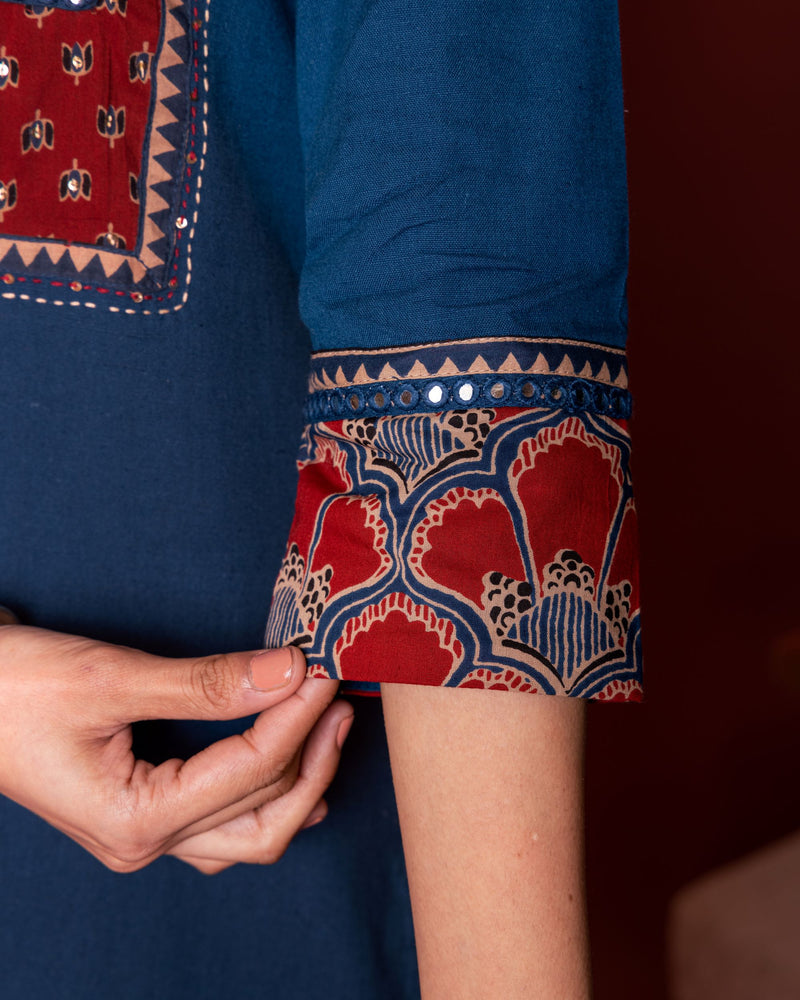 BLUE COTTON ROUND NECK BOOTI PRINT YOKE HIGHLIGHTED WITH BORDERS WITH MIRROR AND KATHA WORK KURTA PANT SET