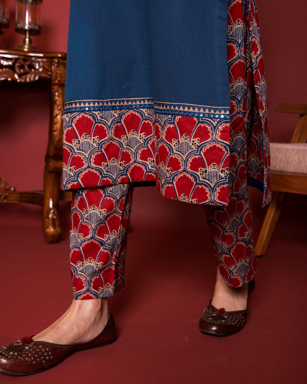 BLUE COTTON ROUND NECK BOOTI PRINT YOKE HIGHLIGHTED WITH BORDERS WITH MIRROR AND KATHA WORK KURTA PANT SET