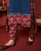 BLUE COTTON ROUND NECK BOOTI PRINT YOKE HIGHLIGHTED WITH BORDERS WITH MIRROR AND KATHA WORK KURTA PANT SET