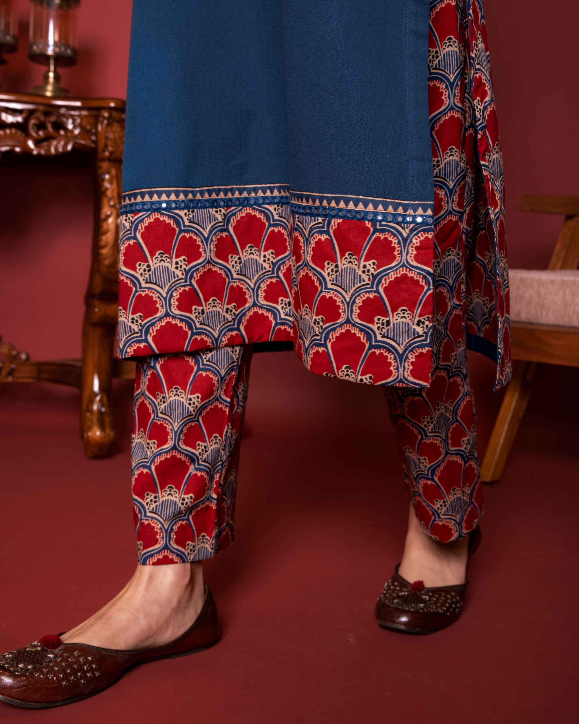 BLUE COTTON ROUND NECK BOOTI PRINT YOKE HIGHLIGHTED WITH BORDERS WITH MIRROR AND KATHA WORK KURTA PANT SET
