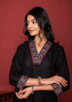 Black Cotton Dobby A Line Kurta For Women's