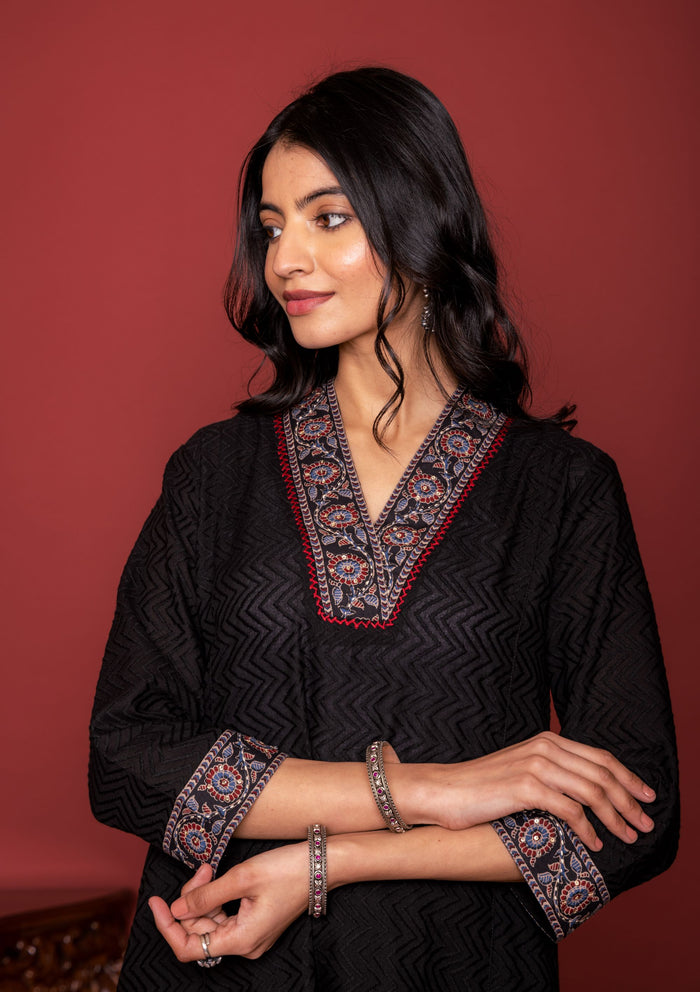 Black Cotton Dobby A Line Kurta For Women's