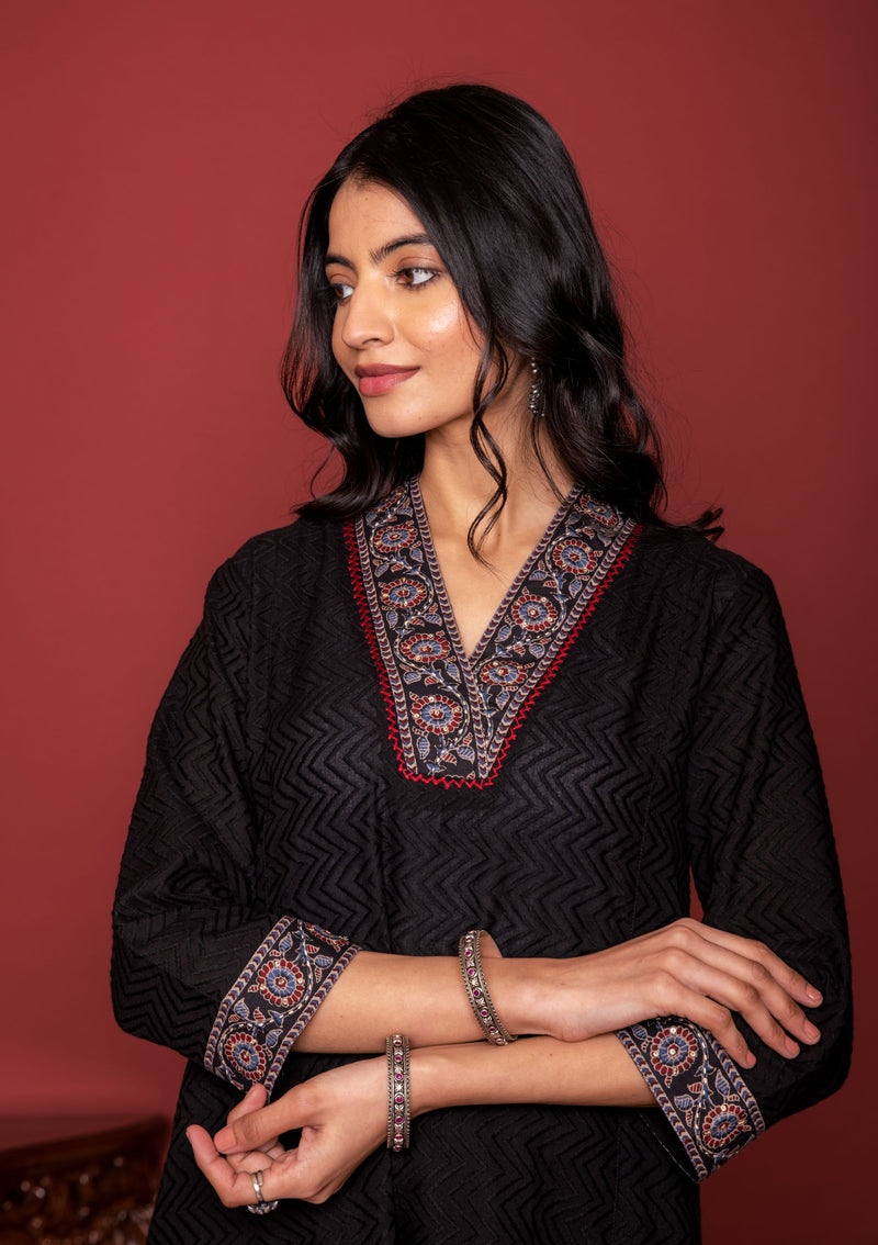 Black Cotton Dobby A Line Kurta For Women's