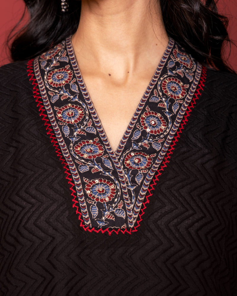 Black Cotton Dobby A Line Kurta For Women's