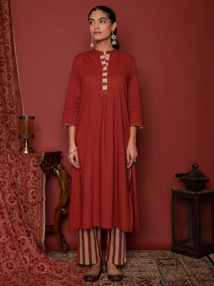 Rust Cotton Mandarin Collar Neck Kurta Pant Set For Women's