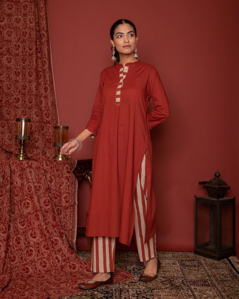 Rust Cotton Mandarin Collar Neck Kurta Pant Set For Women's