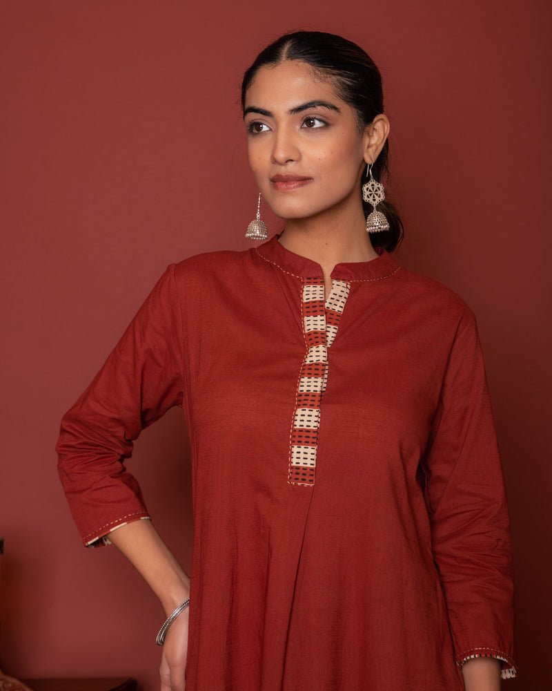 Rust Cotton Mandarin Collar Neck Kurta Pant Set For Women's